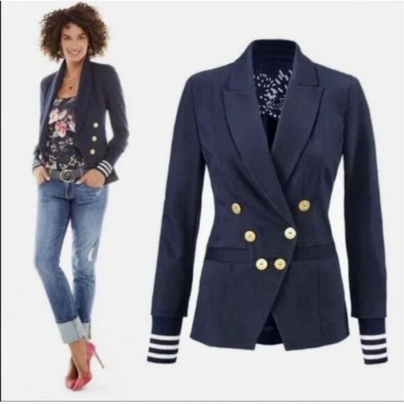 Cabi Grand slam navy stretch blazer Gold accent buttons  0 - Picture 1 of 9